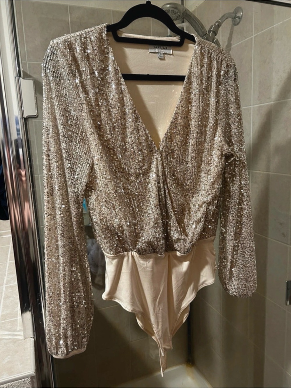 Gilli Champagne Sequin Wrap-Front Long Sleeve Bodysuit